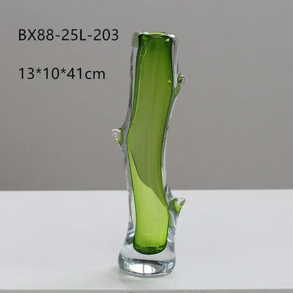 Translucent green decorbites glass vase with branching tree design and clear glass accents for floral arrangements