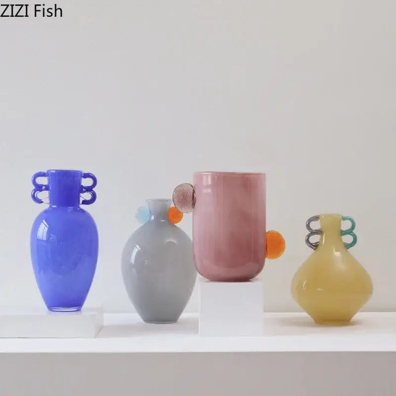 Decorbites glass vase collection of four colorful glossy glass vases with unique handles and playful spherical accents