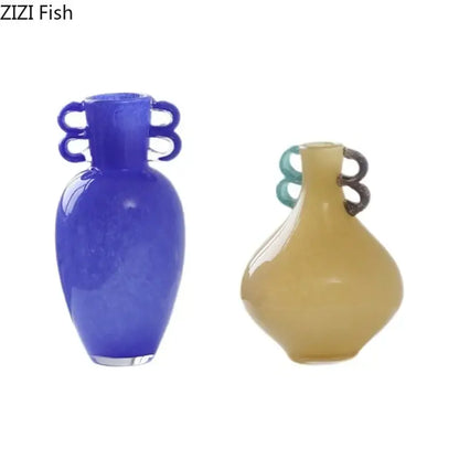 Vibrant blue and amber decorbites glass vase with dual-loop handles for floral arrangement and desk decoration