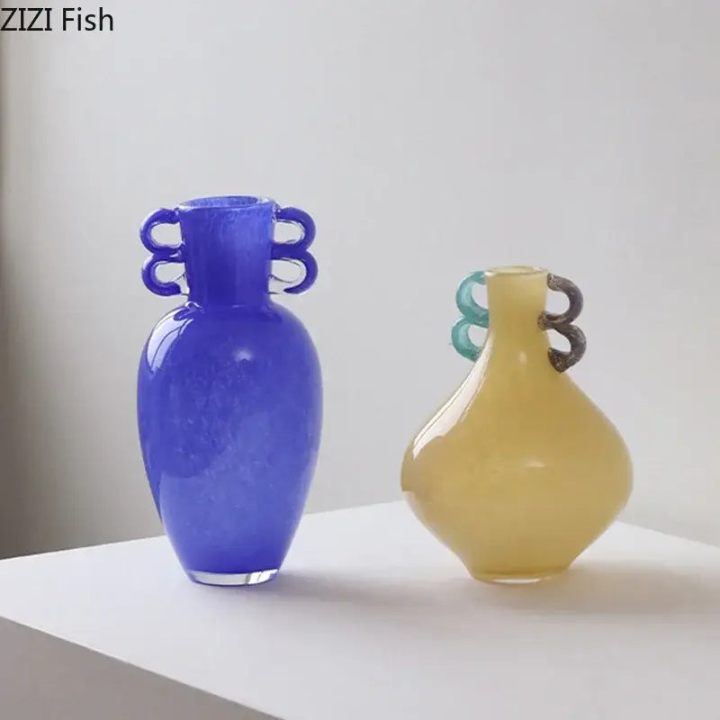 Decorbites glass vase in blue and yellow with twisted handle design for modern floral arrangement and desk decoration