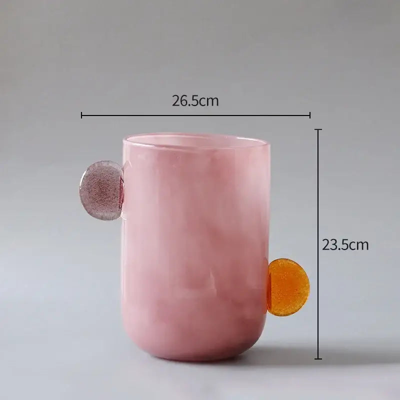 DecorBites glass vase translucent pink glass with purple and golden handles for floral arrangement and desk decor