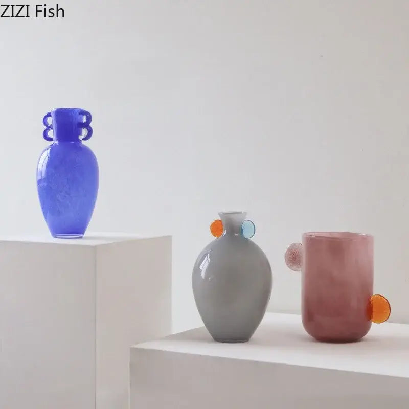 DecorBites glass vase translucent blue with curved handles and textured surface for floral arrangement and desk decor