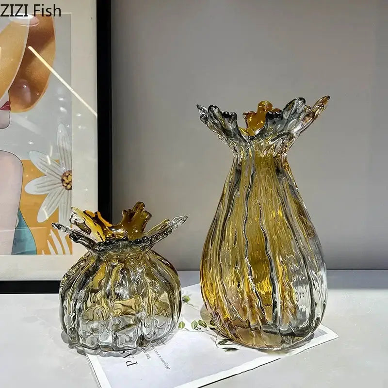 Two translucent amber glass vases with textured ribbed bodies and leaf-like tops decorbites glass vase for home decor
