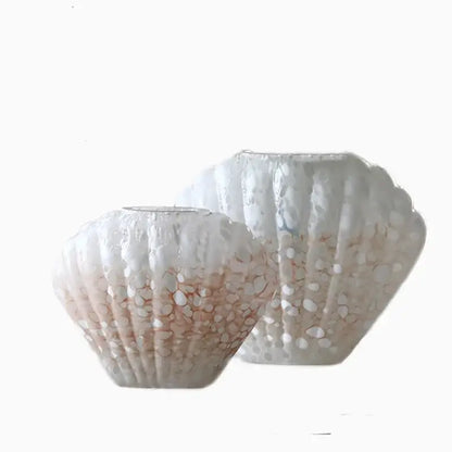 Two translucent seashell-shaped frosted white and peach decorbites glass vase floral terrarium for home decor