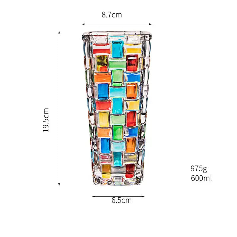 A tall decorbites glass vase flower pot with colorful mosaic square tiles in red blue green yellow and orange