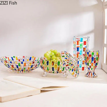 Colorful decorbites glass vase flower pots with vibrant mosaic glass tiles in red blue green and yellow woven pattern