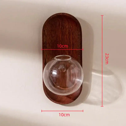A clear spherical glass vase flowerpot mounted on a dark brown wooden plaque for decorbites glass vase wall decor