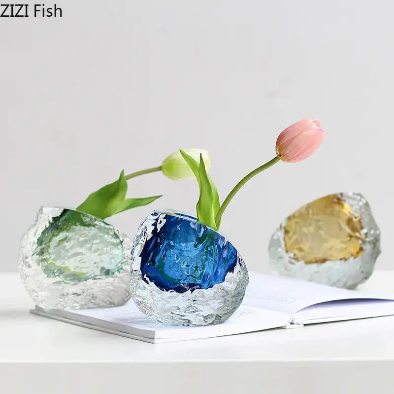 Blue glass DecorBites glass vase with textured wrinkle design and gold foil accent for elegant floral arrangements