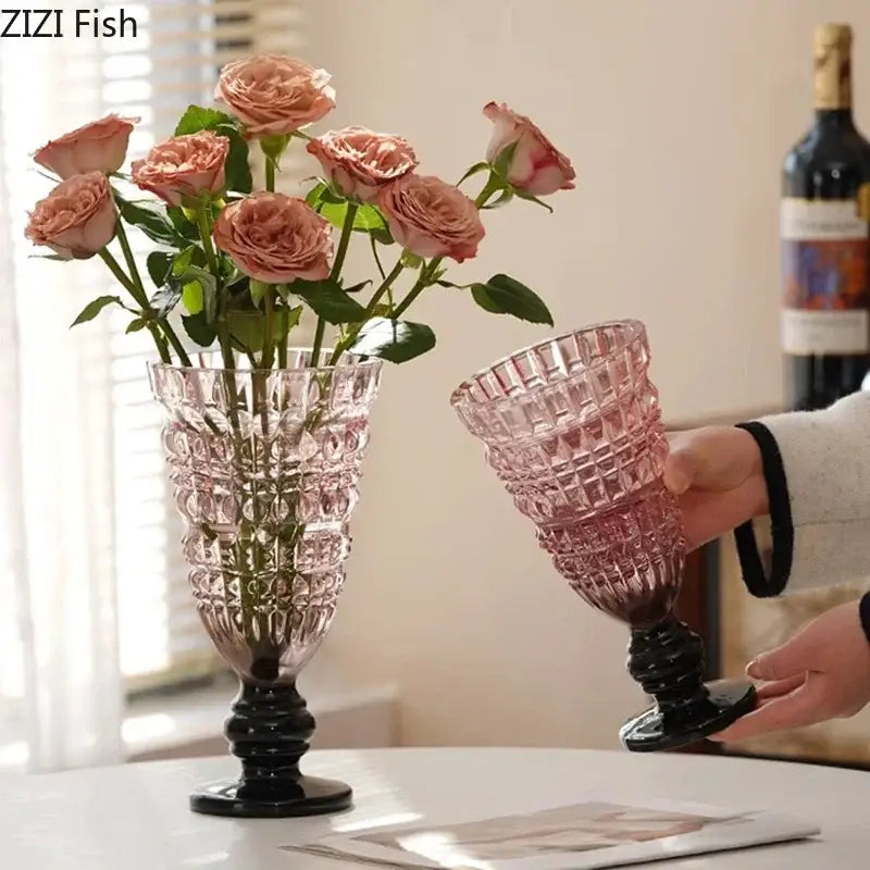 Decorbites glass vase is a pink and black textured glass vase with a fluted faceted design for room decor and hydroponics