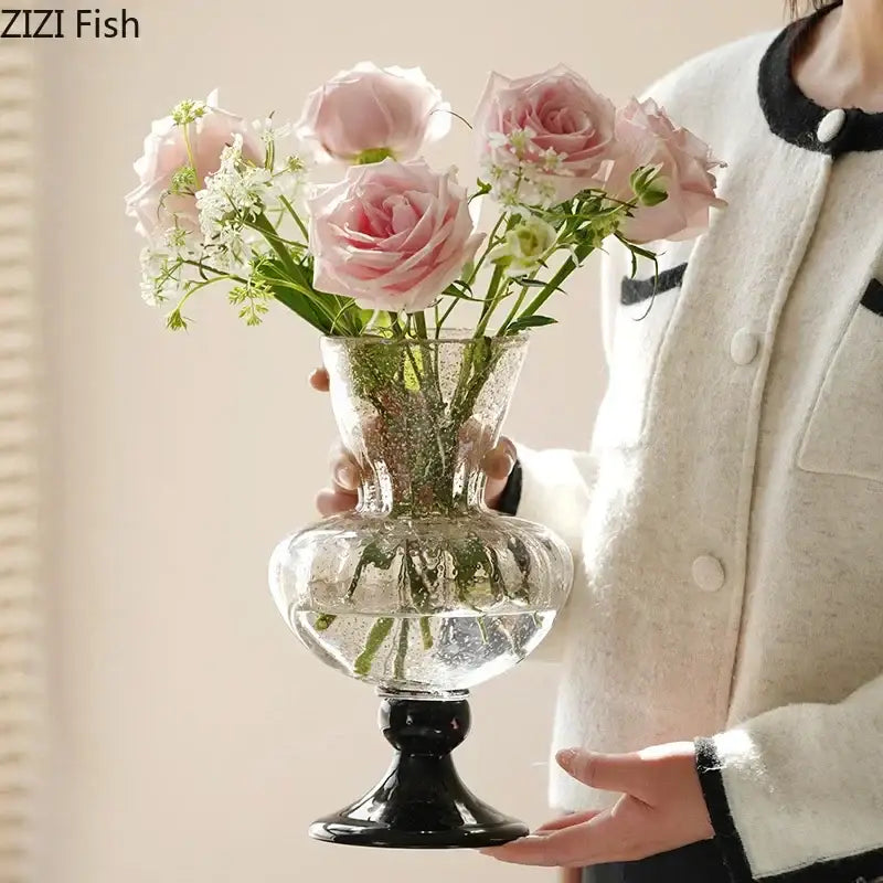 Clear glass decorbites glass vase with a black pedestal base and textured bubble surface for hydroponics and decor