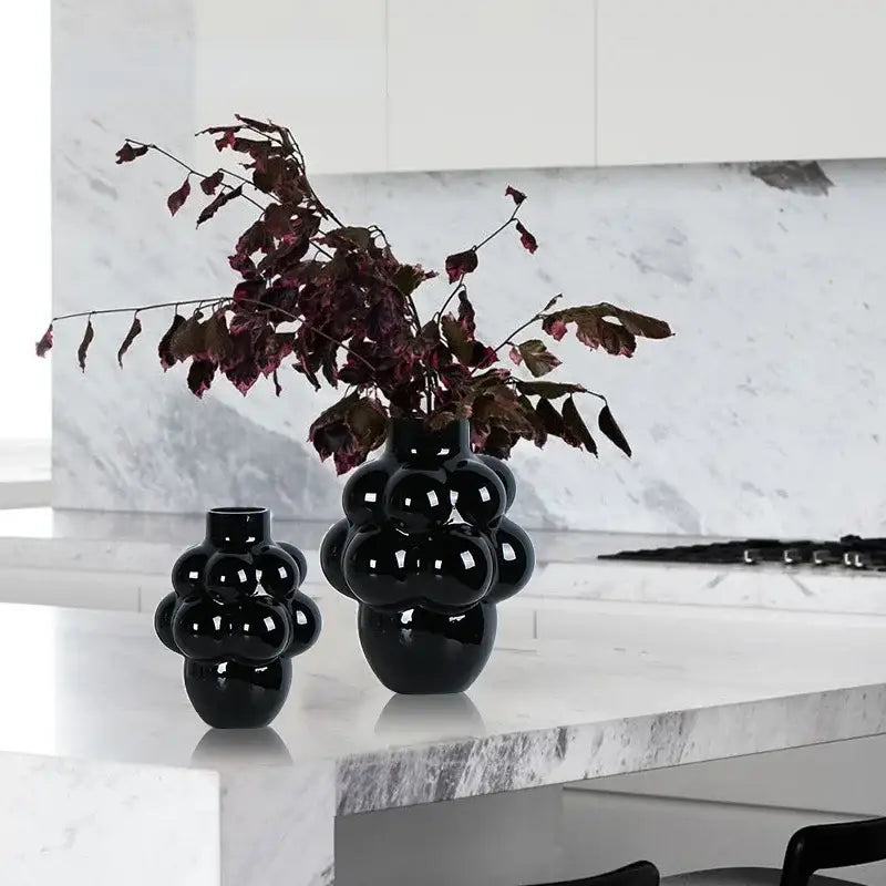Black glossy ceramic decorbites glass vase grape geometric with rounded bubble-like segments for home decoration