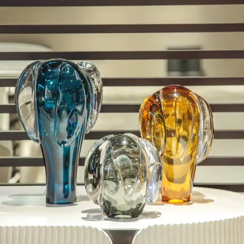 DecorBites glass vase hot air set featuring three translucent glass cactus sculptures in blue amber and clear hues