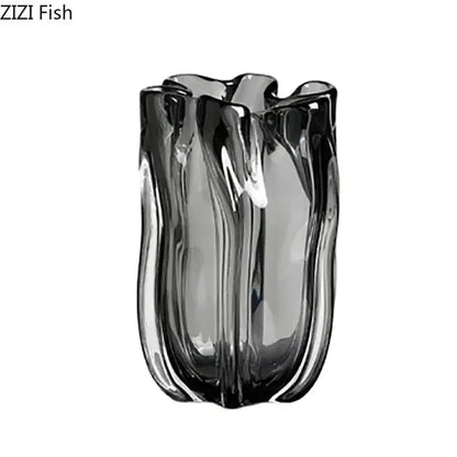 DecorBites glass vase hydroponics desk decoration with 29cm translucent gray glass and wavy sculpted design