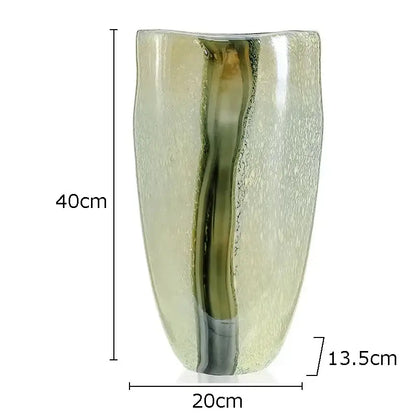 A decorbites glass vase with a tall slender textured design and dark green vertical stripe for modern home decor