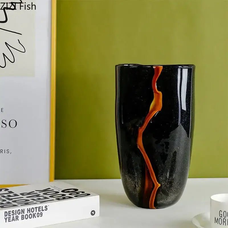 Black decorbites glass vase with vibrant orange molten streak for modern hydroponics desk decoration home decor