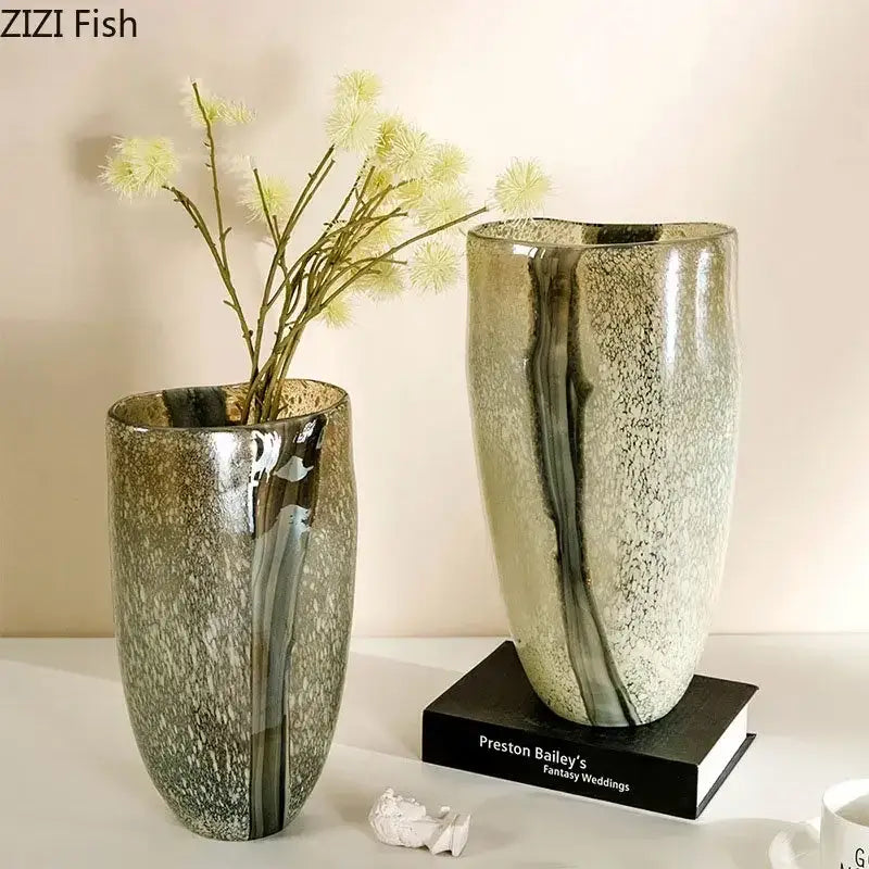 Two elegant decorbites glass vases with marbled silver and dark gray metallic pattern for modern home decor