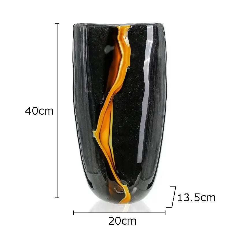 A sleek 40cm black glass vase with amber-orange swirl design by decorbites glass for modern home decor and hydroponics