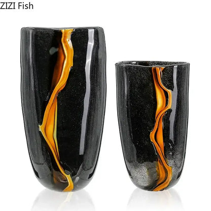 Decorbites glass vase featuring black glass with flowing amber orange swirls for modern home decor and hydroponics