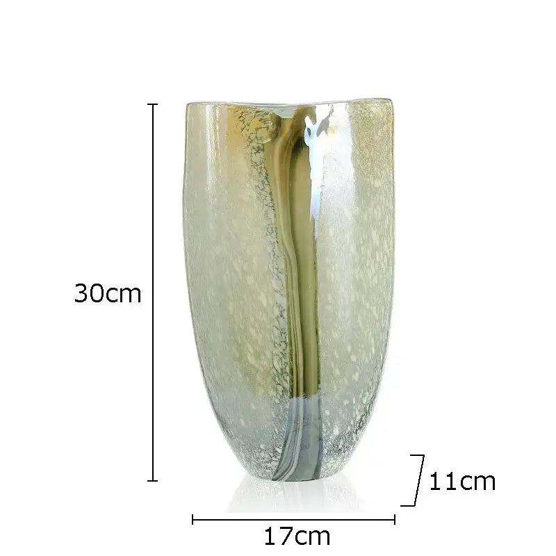 Decorbites glass vase with a 30cm iridescent curved silhouette in pale gold and silver for modern home decor