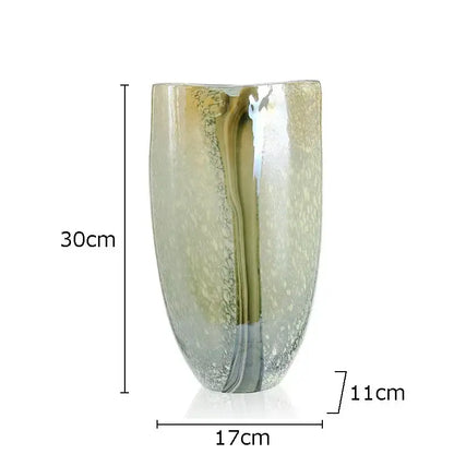 Decorbites glass vase with a 30cm iridescent curved silhouette in pale gold and silver for modern home decor