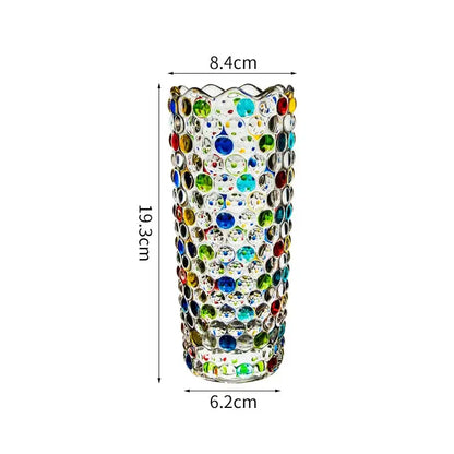 Tall decorbites glass vase with vibrant multicolored bead mosaic in blue green red and yellow for hydroponics flower pots