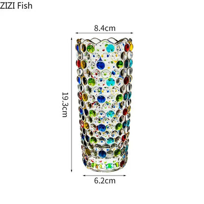 A tall clear decorbites glass vase adorned with colorful round gemstones for flower pots and glass vase hydroponics use
