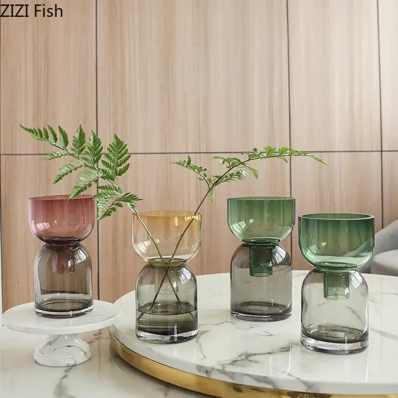 Set of four DecorBites glass vase hydroponics flower pots in dusty rose amber and emerald green with sleek double-bulb design