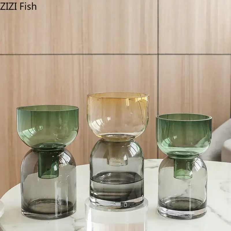Three translucent decorbites glass vase hydroponics flower pots in green and amber hues for desk decoration