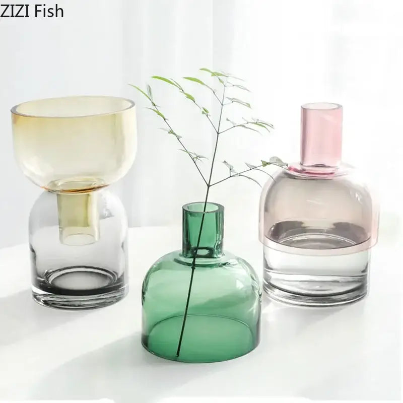 Three translucent decorbites glass vase hydroponics flower pots in amber green and pink for desk decoration and floral arrangement
