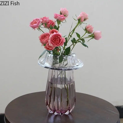 Clear glass decorbites glass vase with fluted pink rim and vertical ridges for hydroponics table decoration