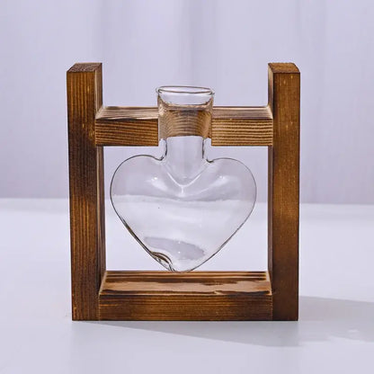 Clear heart-shaped glass vase terrarium with wooden frame by DecorBites™ for heart hydroponic plant display