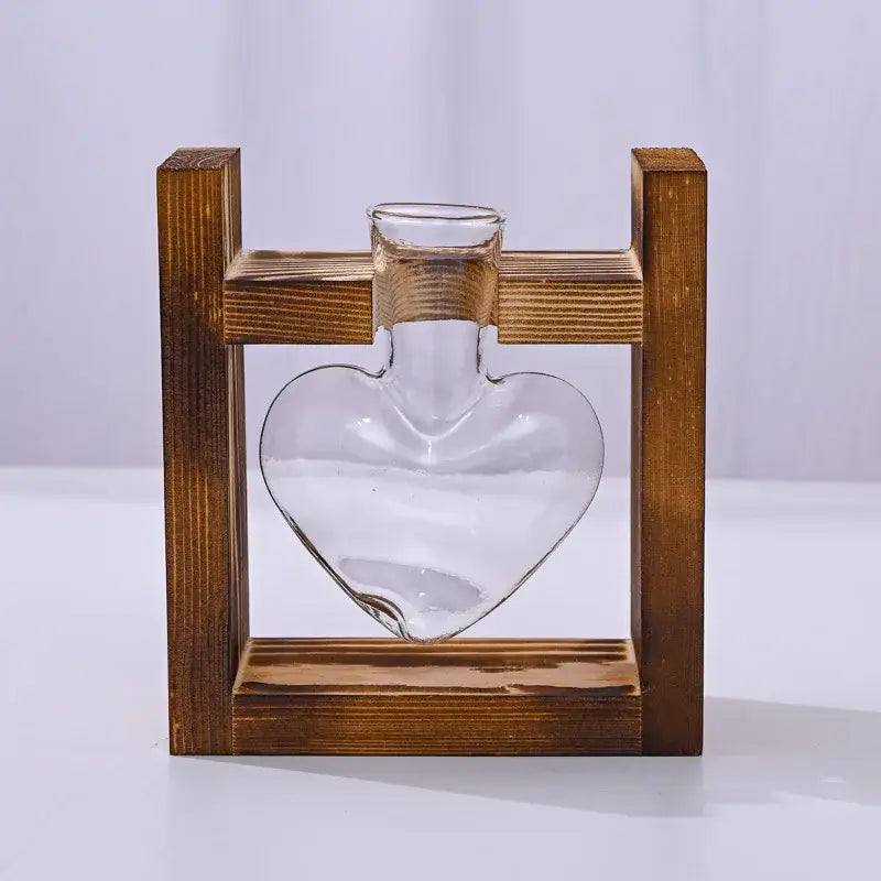 Clear heart-shaped glass vase terrarium with wooden frame by DecorBites™ for heart hydroponic plant display