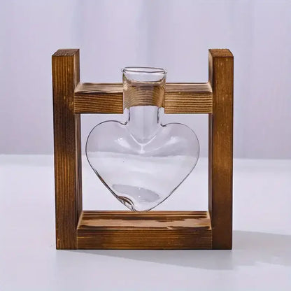 DecorBites glass vase terrarium with clear heart hydroponic plant design and wooden frame for elegant display