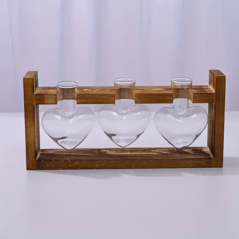 Set of three clear glass vase hearts with wooden frame for displaying heart hydroponic plants by decorbites
