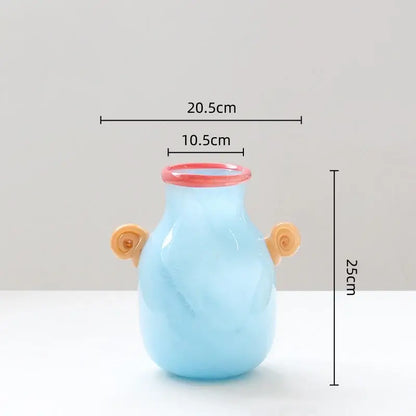 DecorBites glass vase translucent light blue with pink rim and tan spiral handles for home decor and floral arrangements