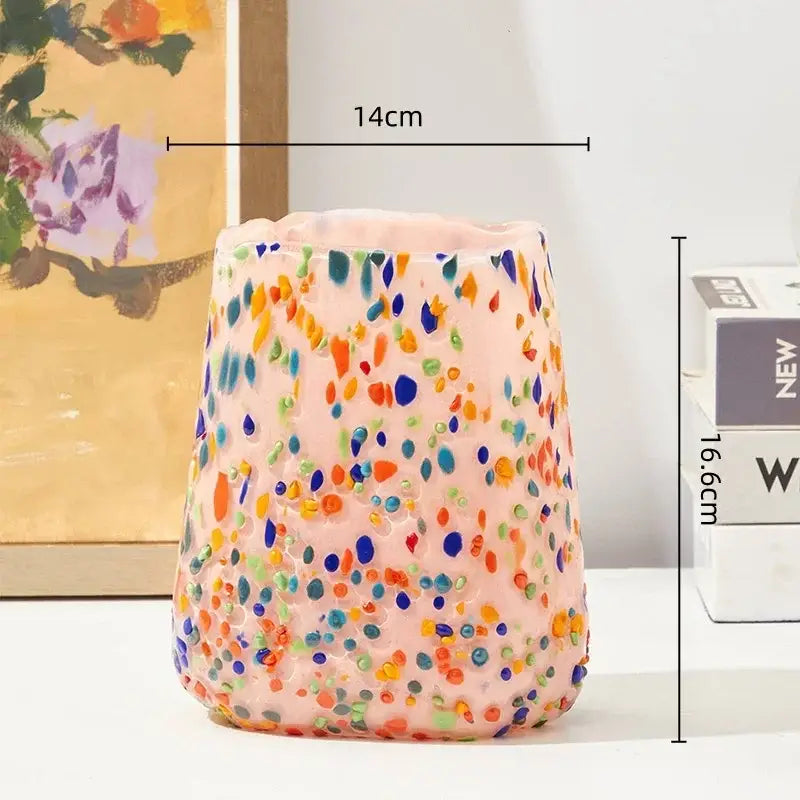 Decorbites glass vase in pink with colorful speckled dots for home decor and hydroponic plants use