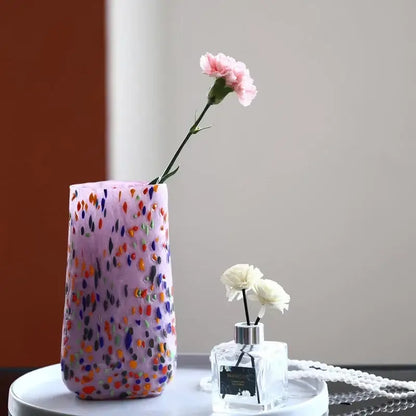 A lavender decorbites glass vase with colorful dots holds a pink carnation for home decor and hydroponic plants