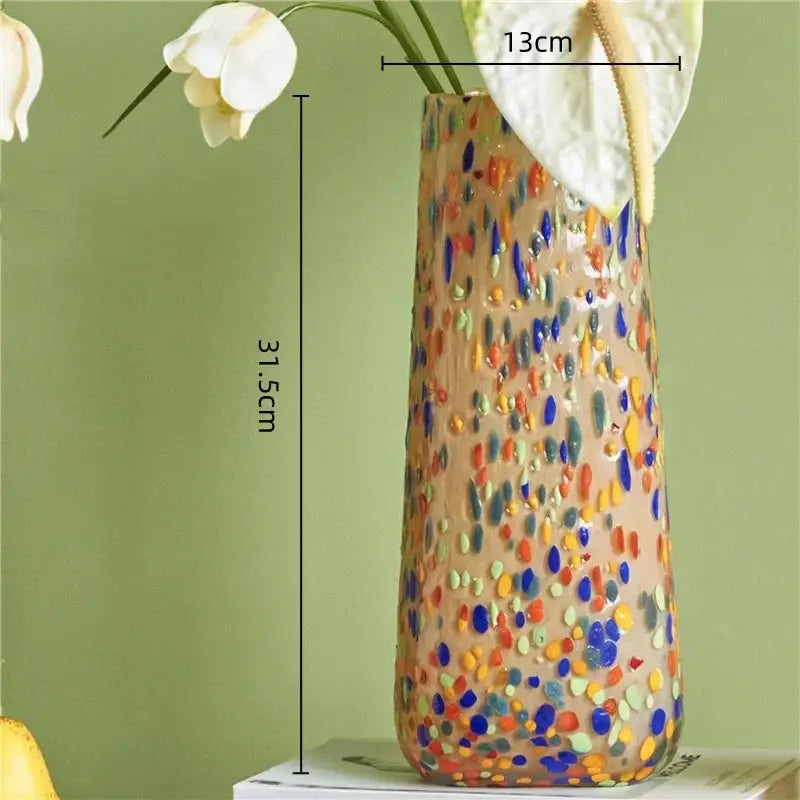 Tall translucent decorbites glass vase with multicolored speckled dots for home decor and hydroponic plants