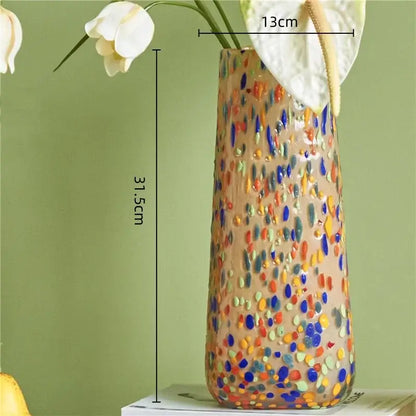 Tall translucent decorbites glass vase with multicolored speckled dots for home decor and hydroponic plants