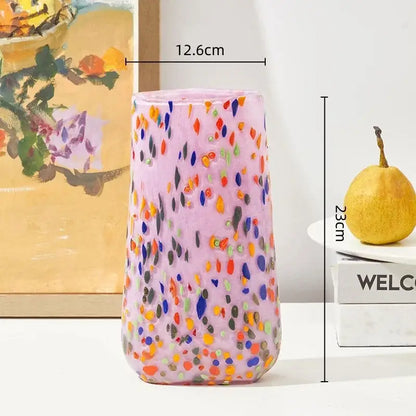 DecorBites glass vase made of translucent pink glass with colorful dots for home decor and hydroponic plants