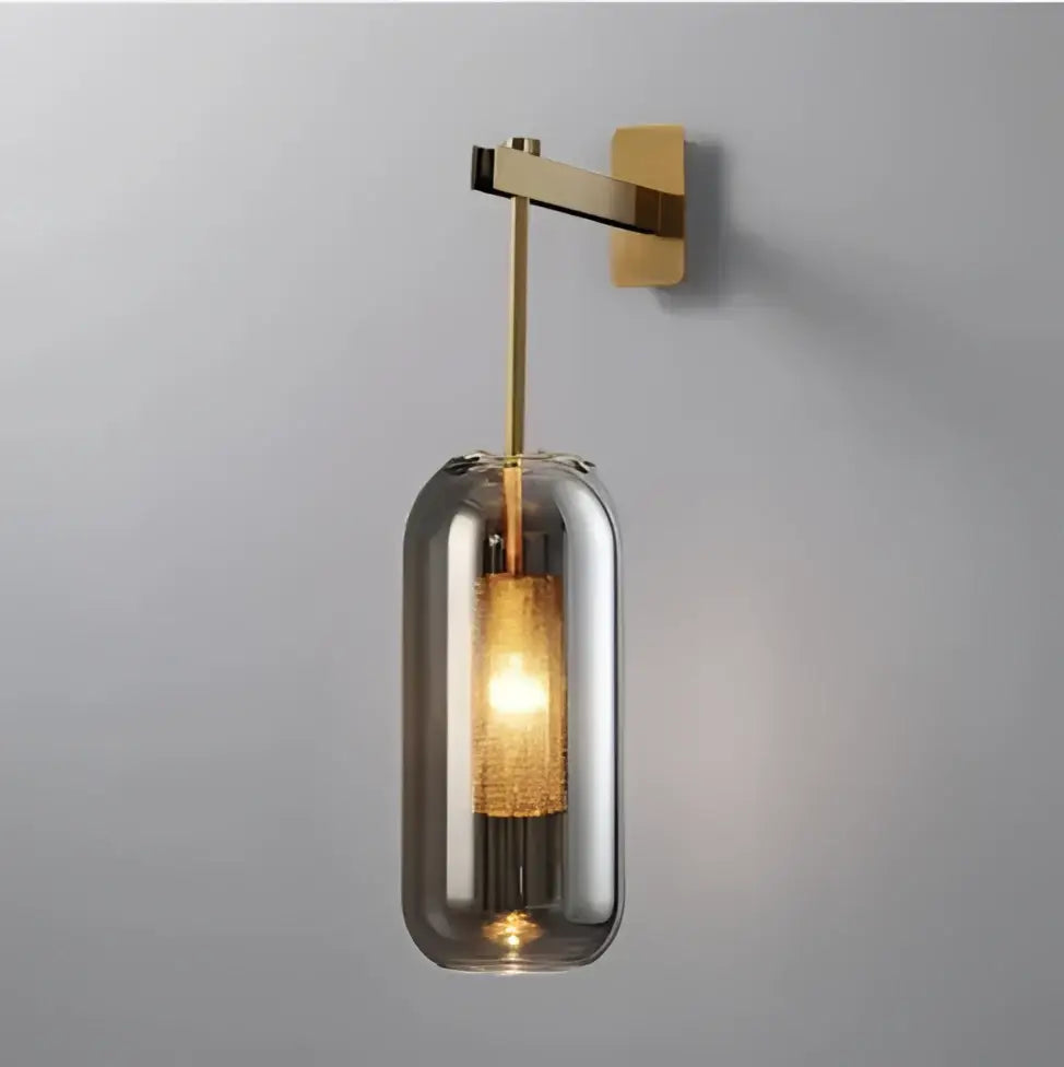 Gold-toned decorbites glass wall art light with cylindrical smoked glass shade and mesh diffuser for modern loft decor
