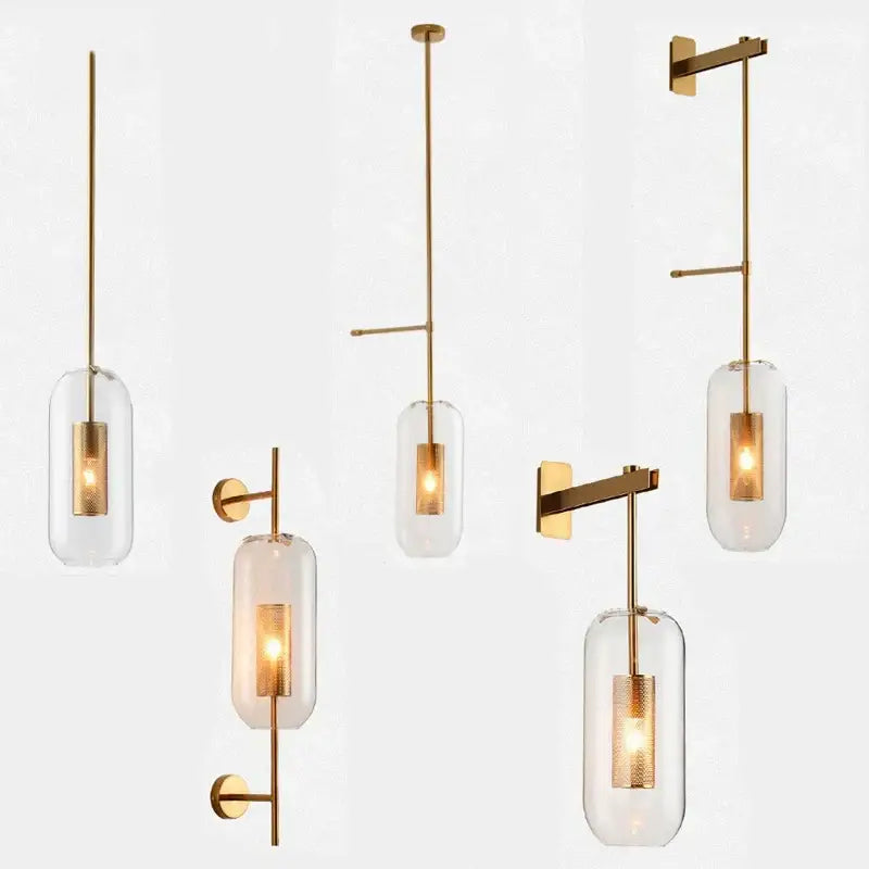 Modern gold-toned DecorBites™ glass wall art light with clear cylindrical glass shades for living room and bathroom decor
