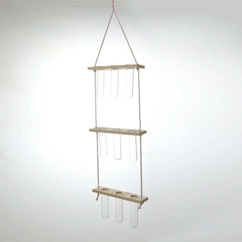 DecorBites™ glass wall hanging planter with wooden holder features three tiers of clear test tubes suspended by rope