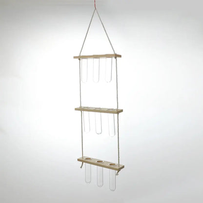 DecorBites™ glass wall hanging planter with wooden holder features three tiers of clear test tubes suspended by rope