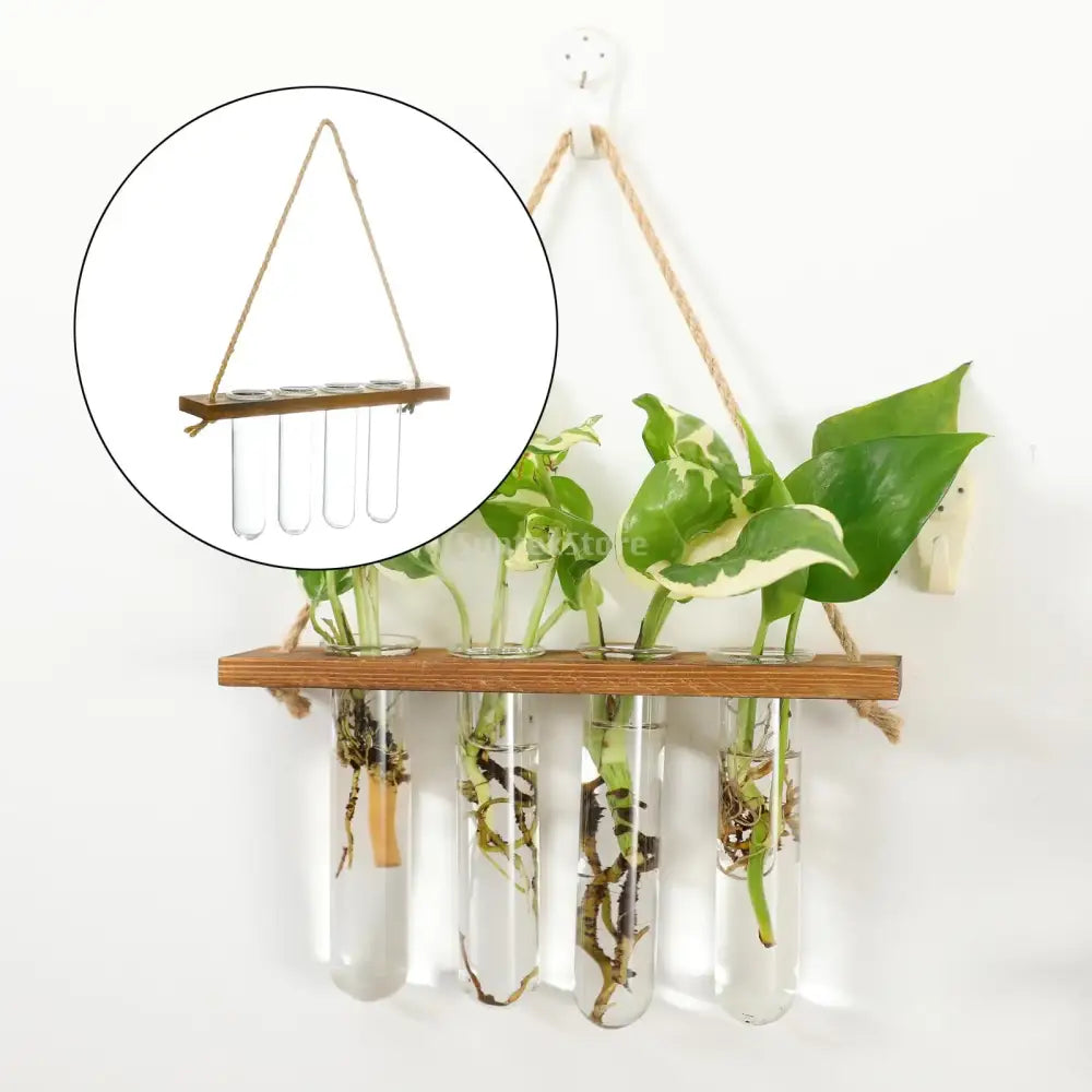 DecorBites™ glass wall hanging planters with wooden holder featuring four clear test tubes suspended by natural twine