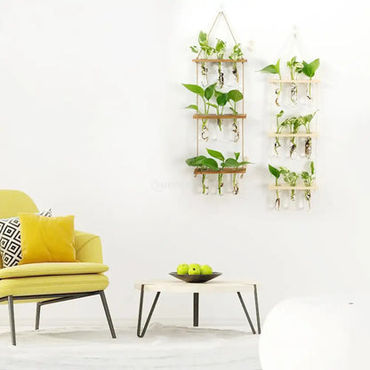 Wooden wall hanging planter with clear glass test tubes and green leafy plants in decorbites™ wooden holder