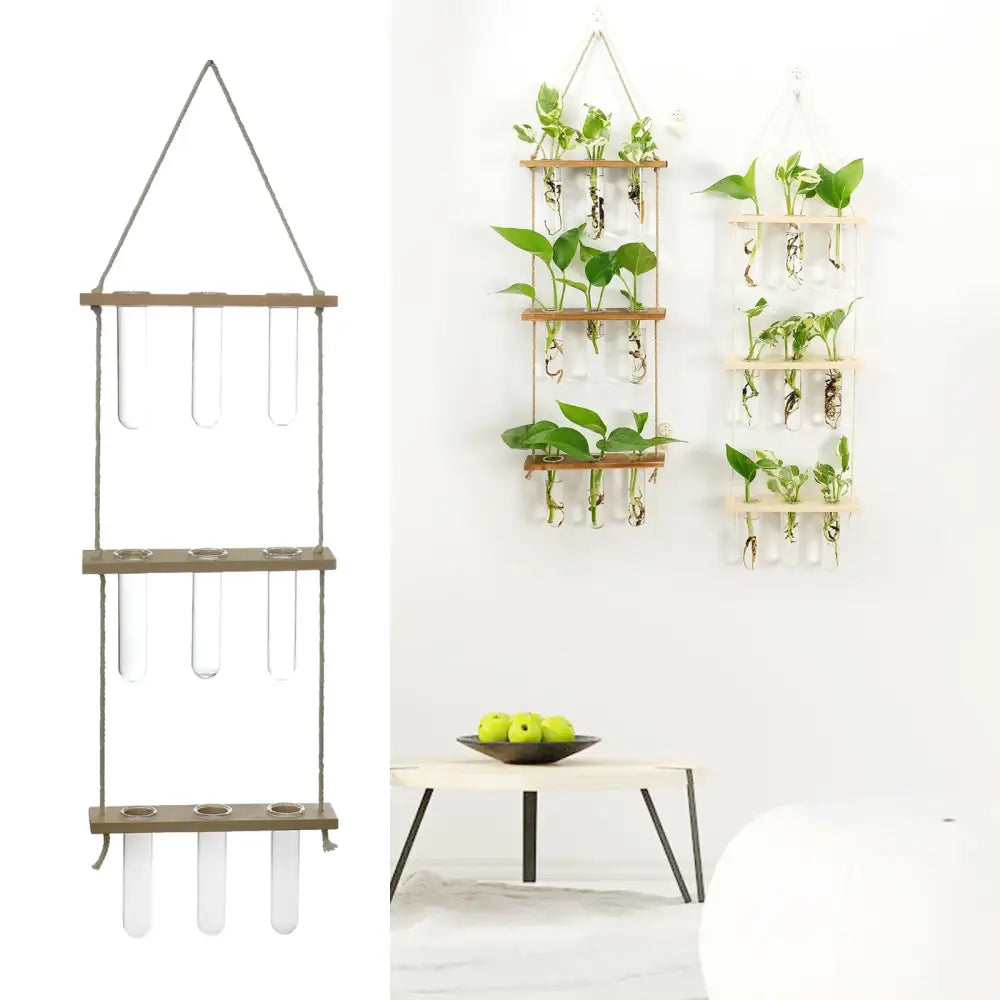 DecorBites™ glass wall hanging planters with wooden holder featuring three-tier test tube design for green plants