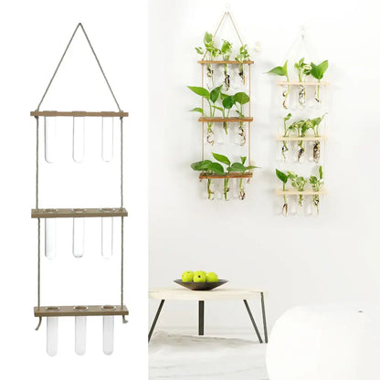 DecorBites wooden holder wall hanging with three tiers of clear glass test tubes holding green plants