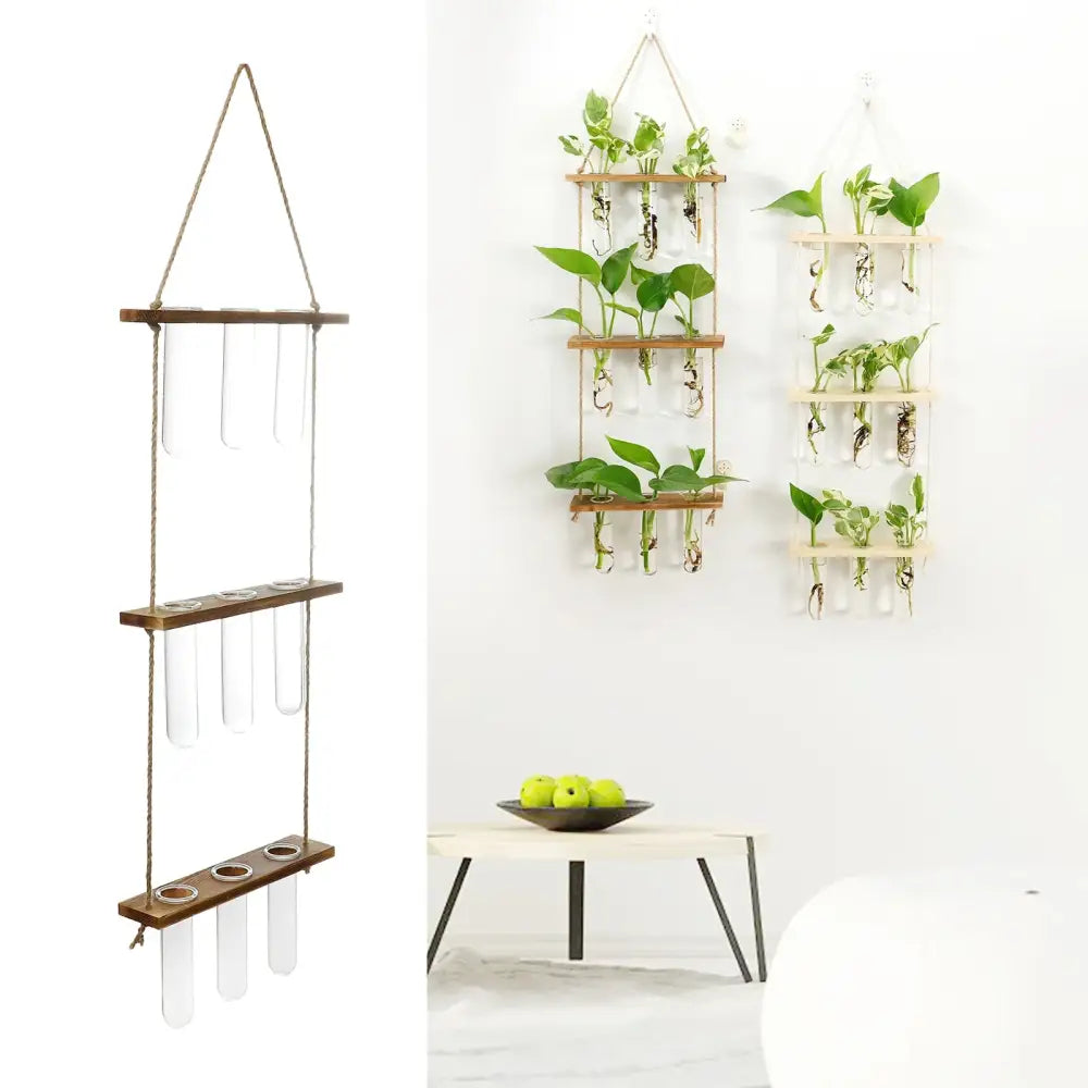 Wooden holder wall hanging plant rack with three tiers of clear glass test tubes suspended by rope by decorbites