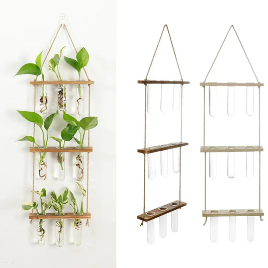 Wooden holder wall hanging planter with clear glass test tubes and natural twine by DecorBites™